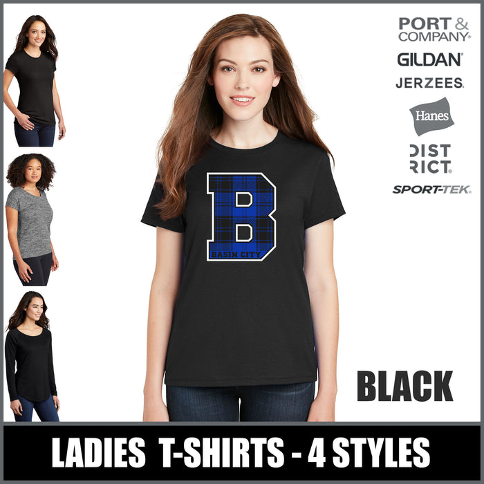 "Plaid B" BLACK Ladies T-Shirts - Basin City Elementary