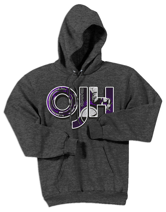 Dark Heather standard hoodie with OJH logo