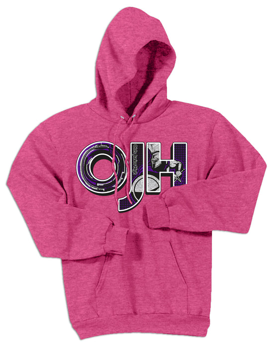 Heather Pink standard hoodie with OJH logo